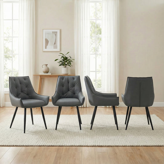 Dining Chairs Set Of 4, Dark Gray Faux Leather Dining Room Chair, Metal Kitchen Chairs With Gold Mesh Texture And Black Sanded Legs, Flat Back Upholstered Chair  Dark Gray, Set Of 4