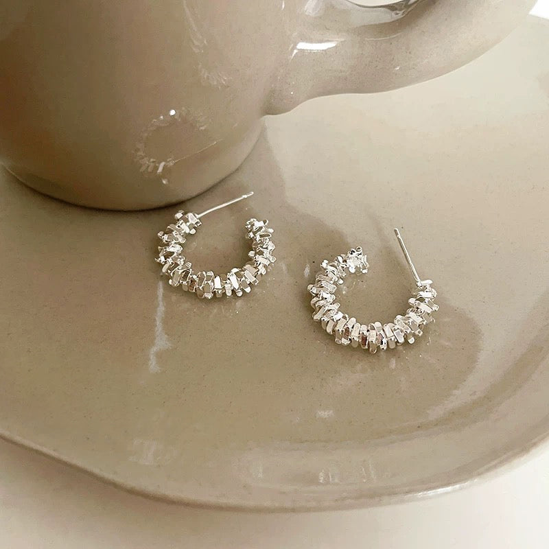1pair 999 Sterling Silver Crushed Bead Hoop Earrings, Minimalist Chic Style, For Daily Wear & Casual Office Outfits