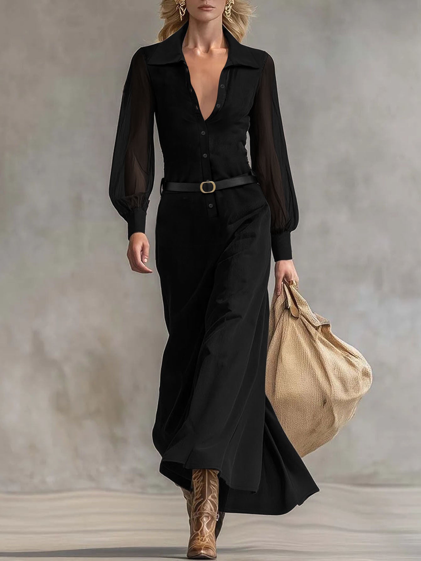 Women's Collared Neck Sheer Puff Sleeve Button Front Belted Maxi Shirt Dress Elegant Office Wear Maxi Dress