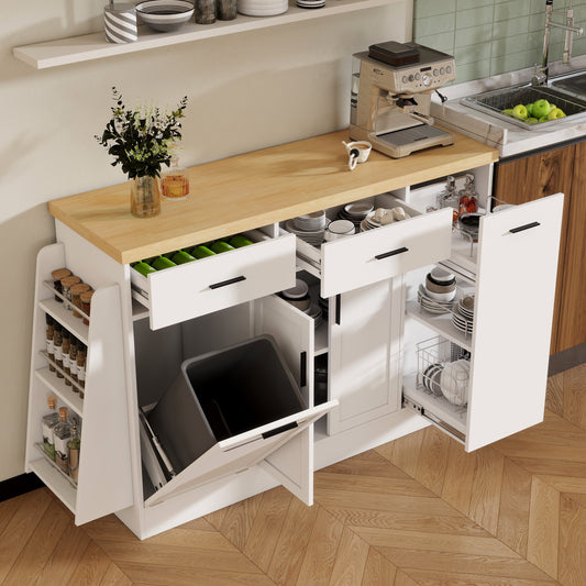 TREXM Multi-Functional Storage Sideboard  Trash Can Storage  Sliding Door Cabinet & 3-Tier Spice Rack Kitchen Island Table For Kitchen  Dining Room  White