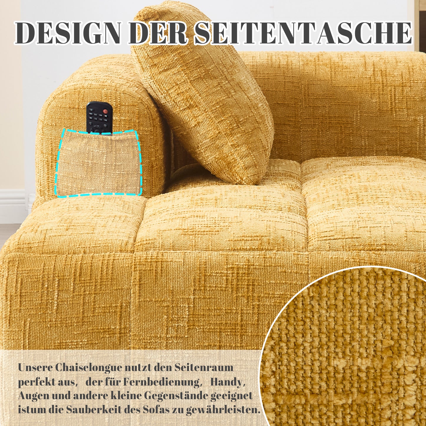Comfortable Chaise Longue Sofa, No Assembly Required, Soft Sofa With Cushions, Side Pockets For Remote Control And Mobile Phone, Neat And Stylish, Yellow