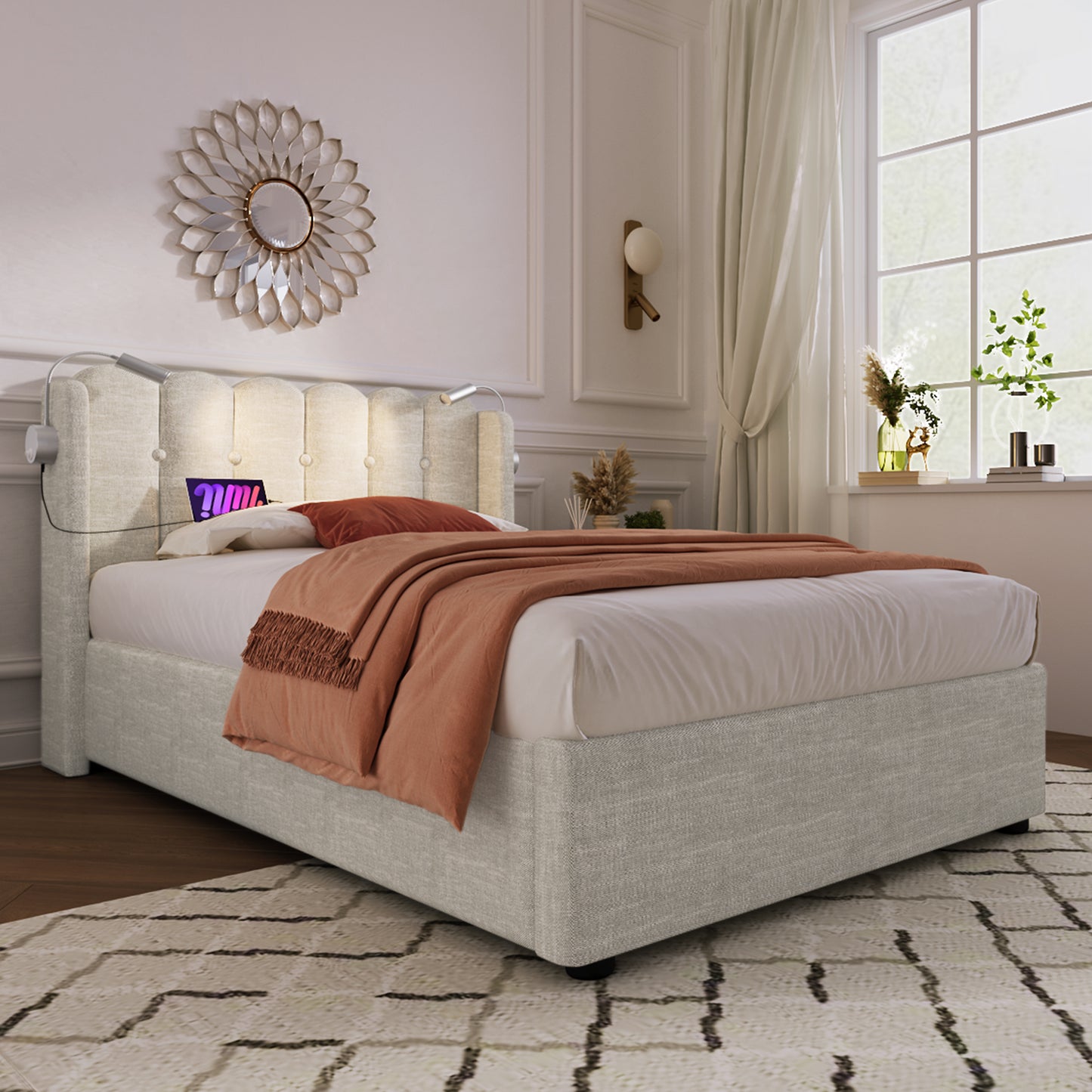 Upholstered Bed Single Bed Reading Light With Charging Function Head Part Storage Bed Frame Linen Material Youth Bed 90x200 With Slate Grate,Of Course Without Mattress
