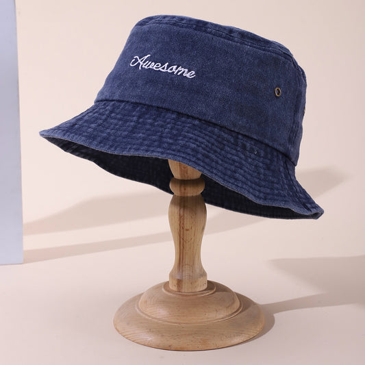 Solid-color Multi-letter Embroidery Adjustable Washable Distressed Retro Simple Fisherman Hat, Suitable For Outdoor Outings And Shopping.