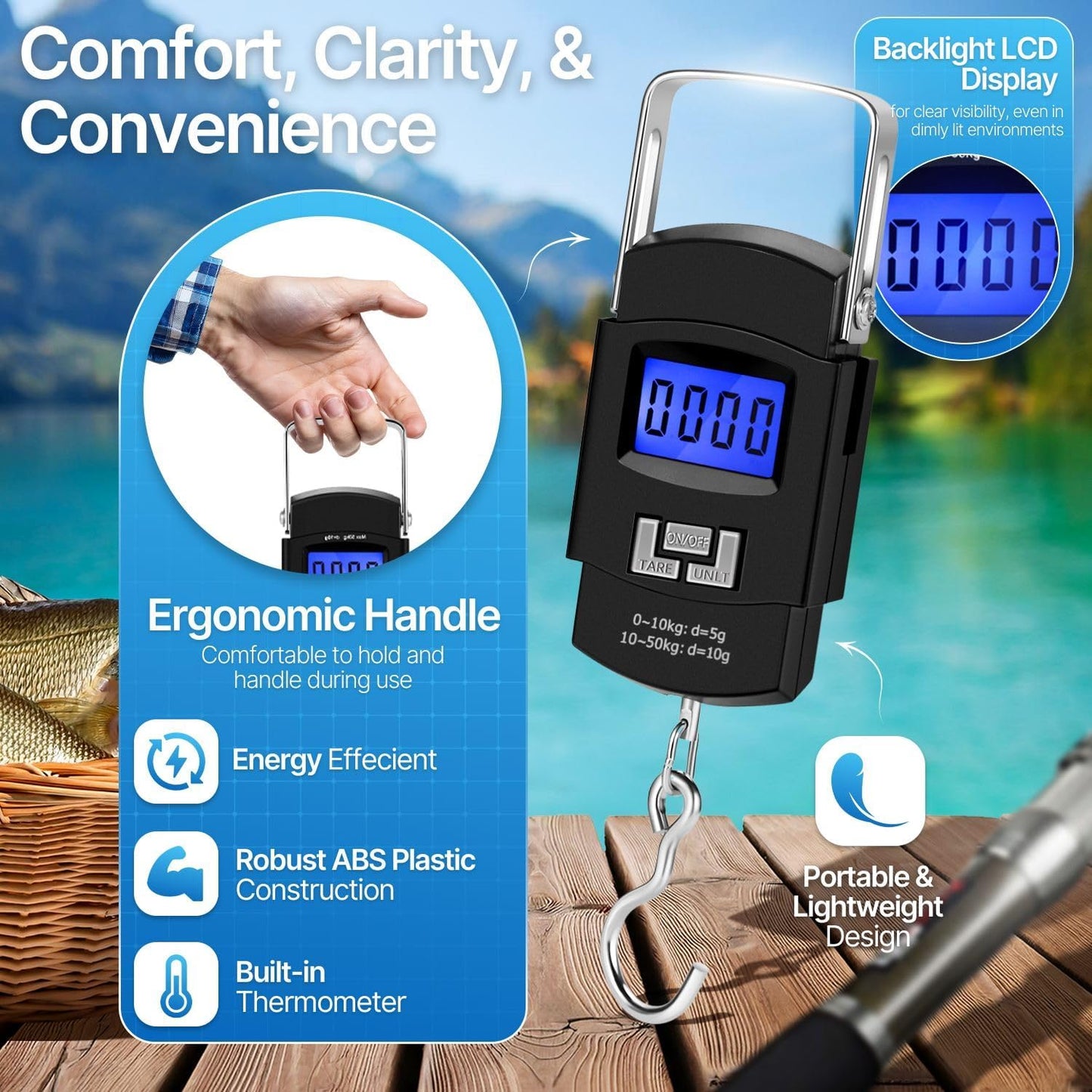 Digital Hanging Scale 110lb 50kg Portable Luggage Fish Scale With Tare, Backlit LCD, Steel Hook, Tape, Multi Unit Kg Lb Oz Jin, Batteries Included. Great For Travel, Fishing, Home, Farm, Hunting