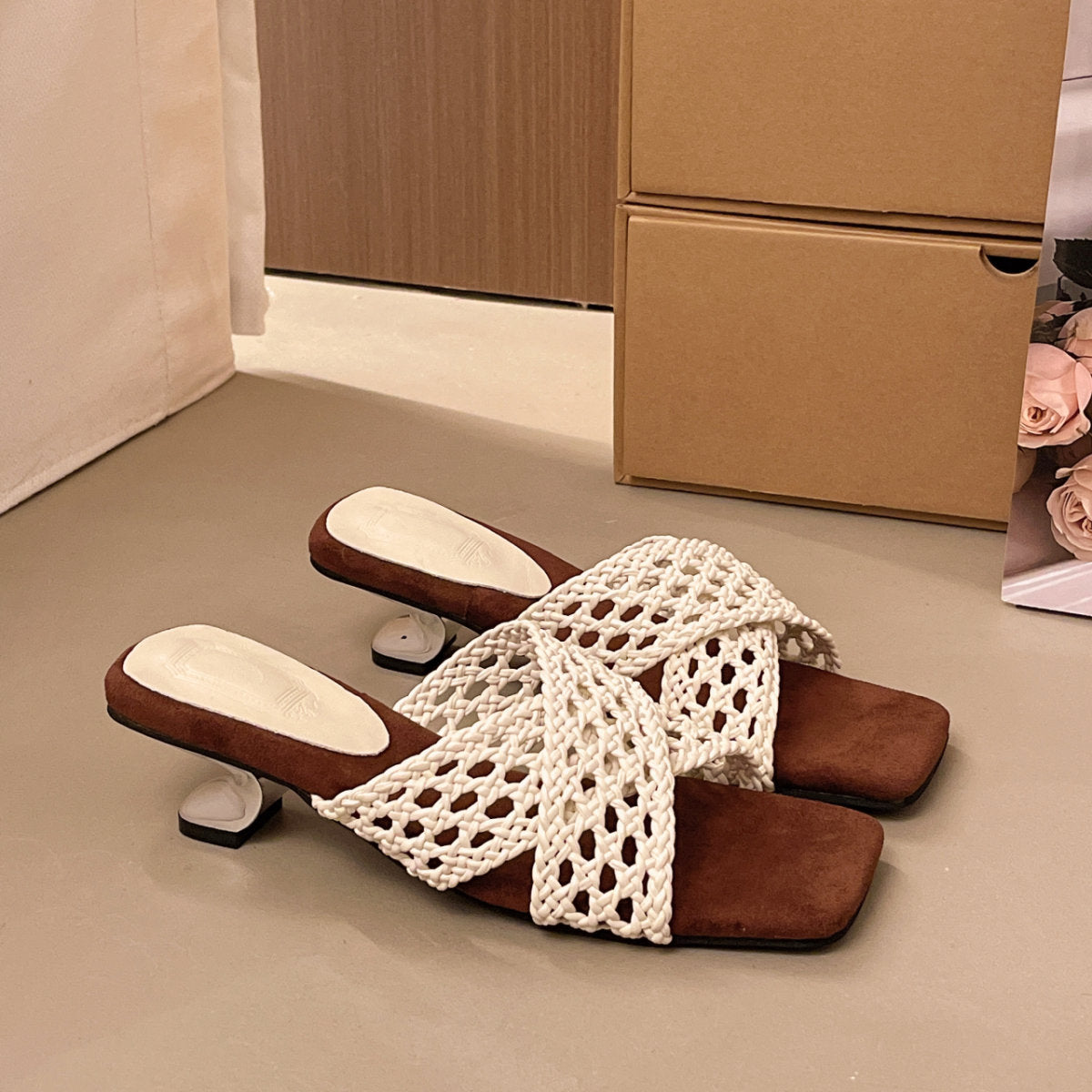 2026 Summer Women Hollow Woven Wedge Slide Sandals, Square Open Toe Cross Strap Mid Heel Mules For Outdoor Wear