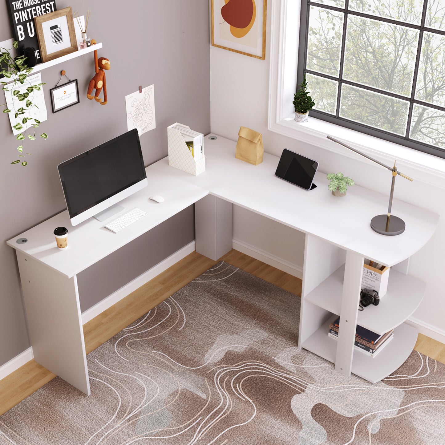 WF314182AAA Corner Desk 140 CM Computer Desk Desk, L-shaped Corner Desk With 2 Shelves, H75 W140 L140 CM White