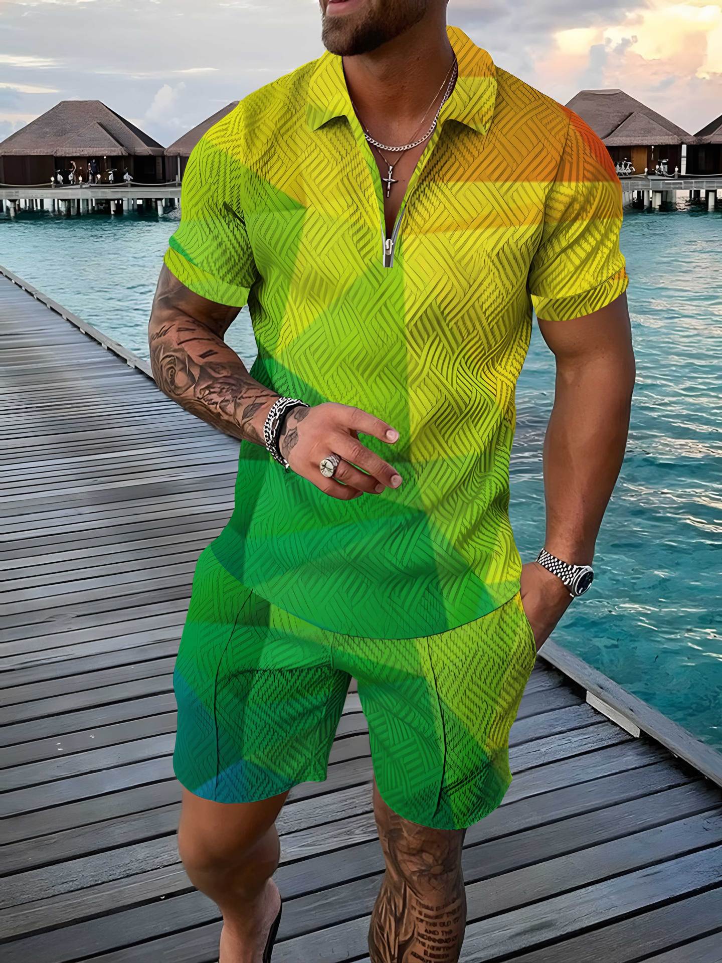 Fashion Zipper Polo Shirt Suit Men's Casual 3D Printed Polo Shirt Shorts