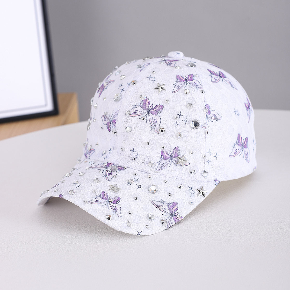 Lady's Lace Butterfly Silver Diamond Star Accessory Is Eye-catching And Cool. This Street Style Baseball Cap Is Suitable For Going Out, Taking Photos, Outdoor Wear And Playing.