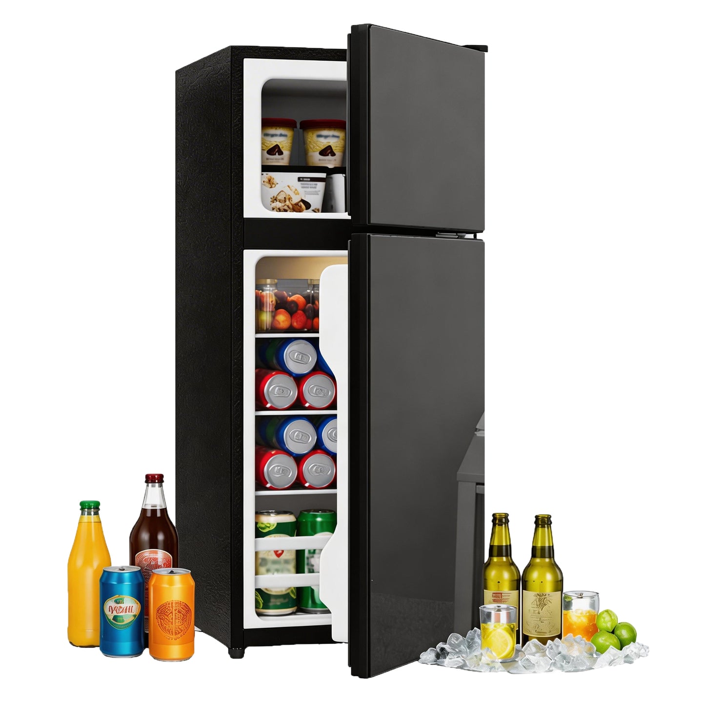 92L Mini Fridge With Freezer  28L Freestanding, Glass Door, LED Lighting, Temperature Control, Low Noise, Removable Glass Shelves, Suitable For Kitchen, Office And Living Room