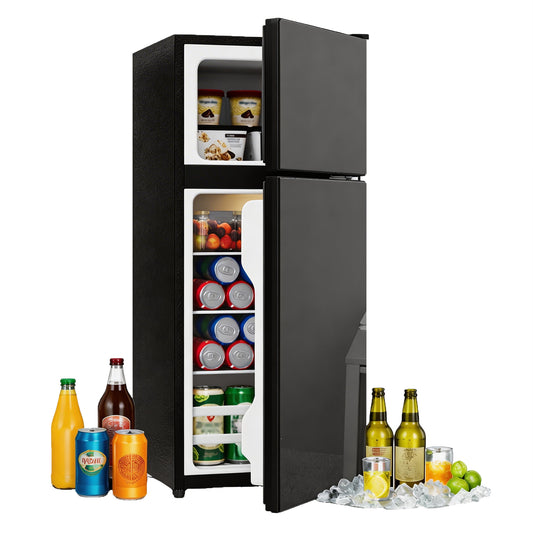92L Mini Fridge With Freezer  28L Freestanding, Glass Door, LED Lighting, Temperature Control, Low Noise, Removable Glass Shelves, Suitable For Kitchen, Office And Living Room
