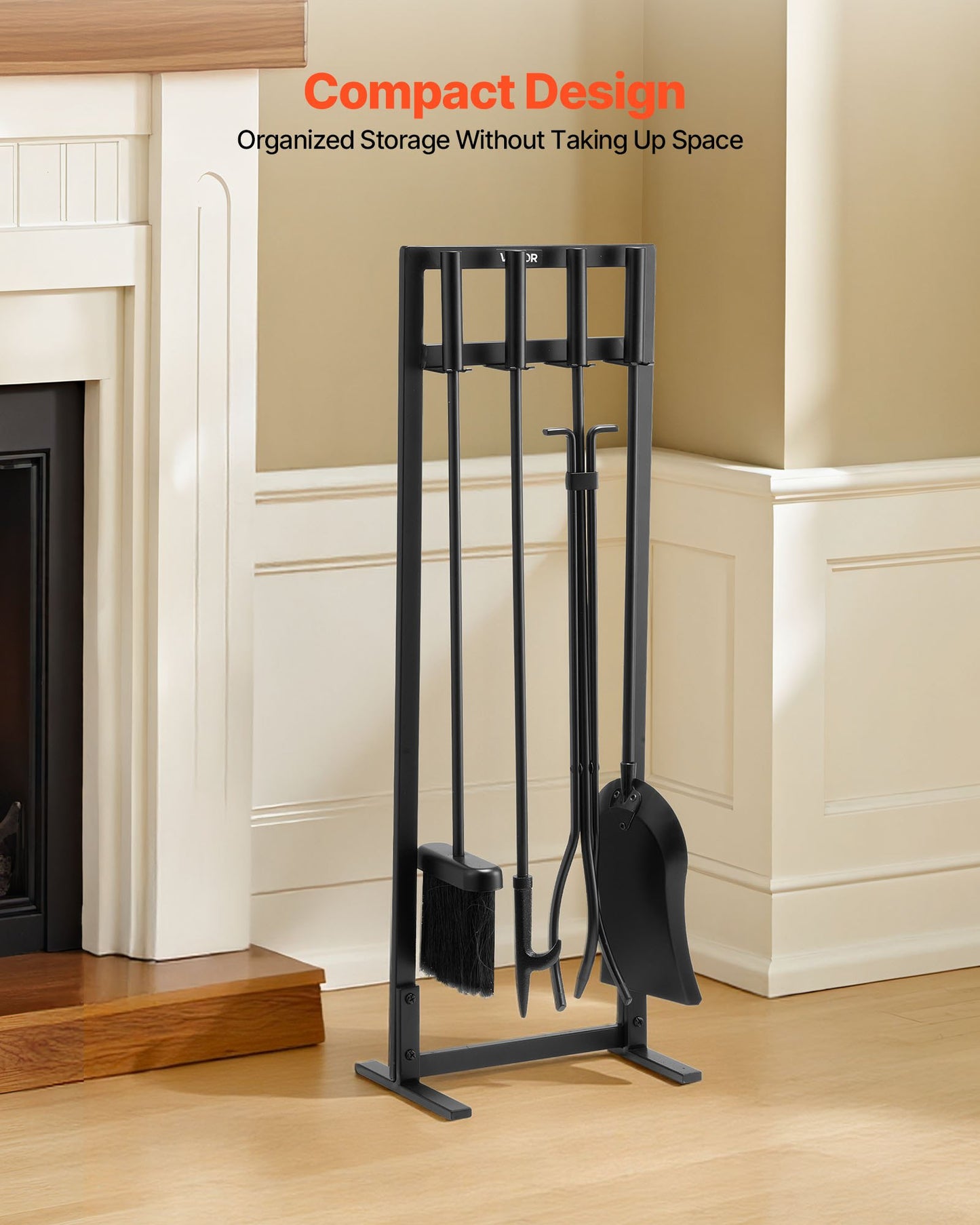 Fireplace Tool Set, 5 PCS Fire Tool Set And Holder With Square-Frame Stand, Tongs, Ash Shovel, Brush, Fire Place Poker, Wrought Iron Steel Fireplace Accessories For Indoor/Outdoor, Black