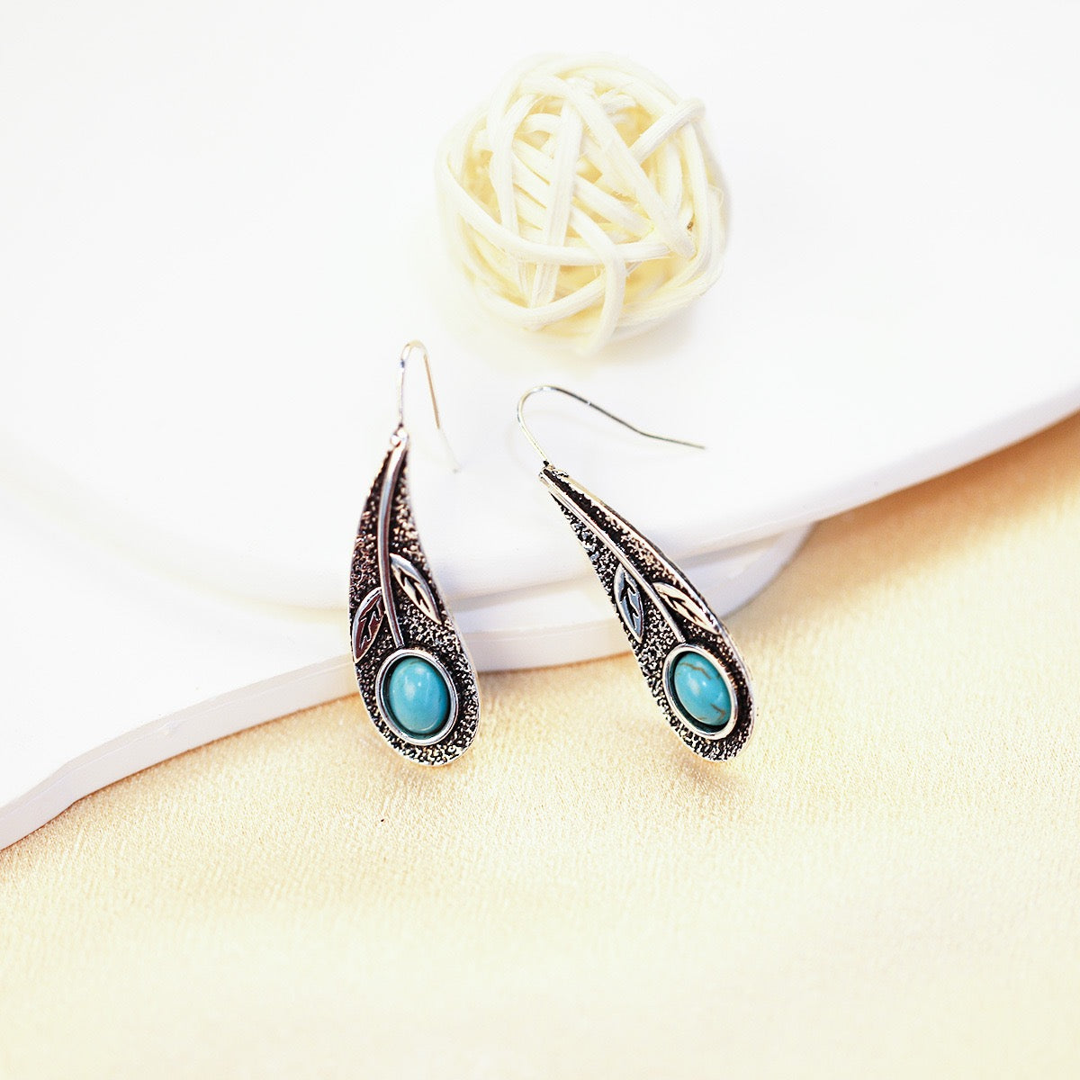 Ethnic Vintage Leaf Earrings For Women Faux Turquoise Teardrop Studs Bohemian Gift