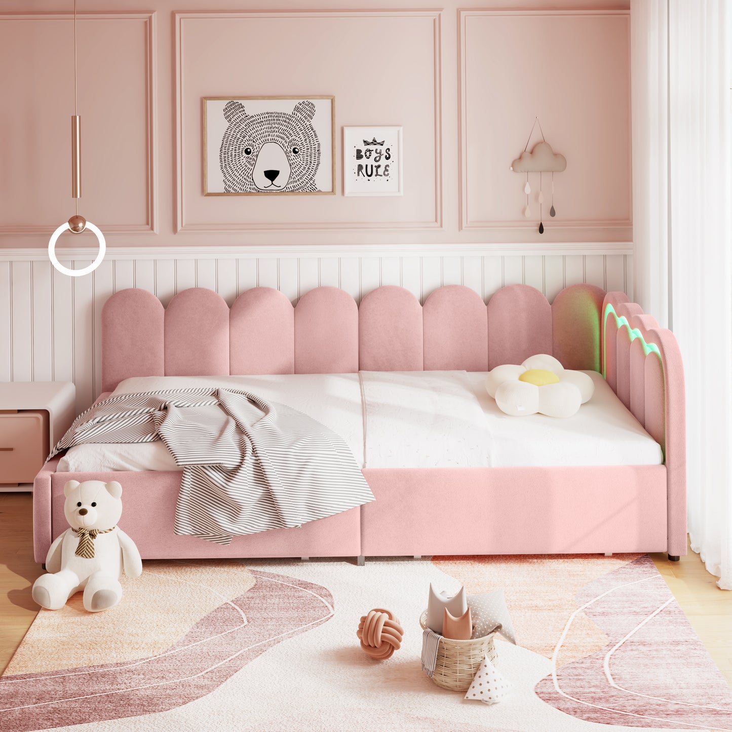 3ft Single Daybed With Smart RGB LED Lights And 2 Storage Drawers, Modern Velvet Youth Bed With Scalloped Backrest And Wooden Slats, Reversible Side Panel, Easy Assembly, Pink  No Mattress