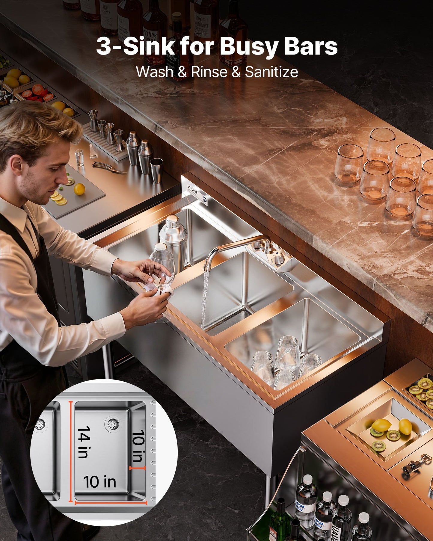 3 Compartment Sink, 18-Gauge 304 Stainless Steel, 10" X 14" X 10" Bowl Size, 3 Bay Commercial Under Bar Sink With Backsplash And Efficient Drainage For Kitchen, Restaurant, Food Truck & Home Use