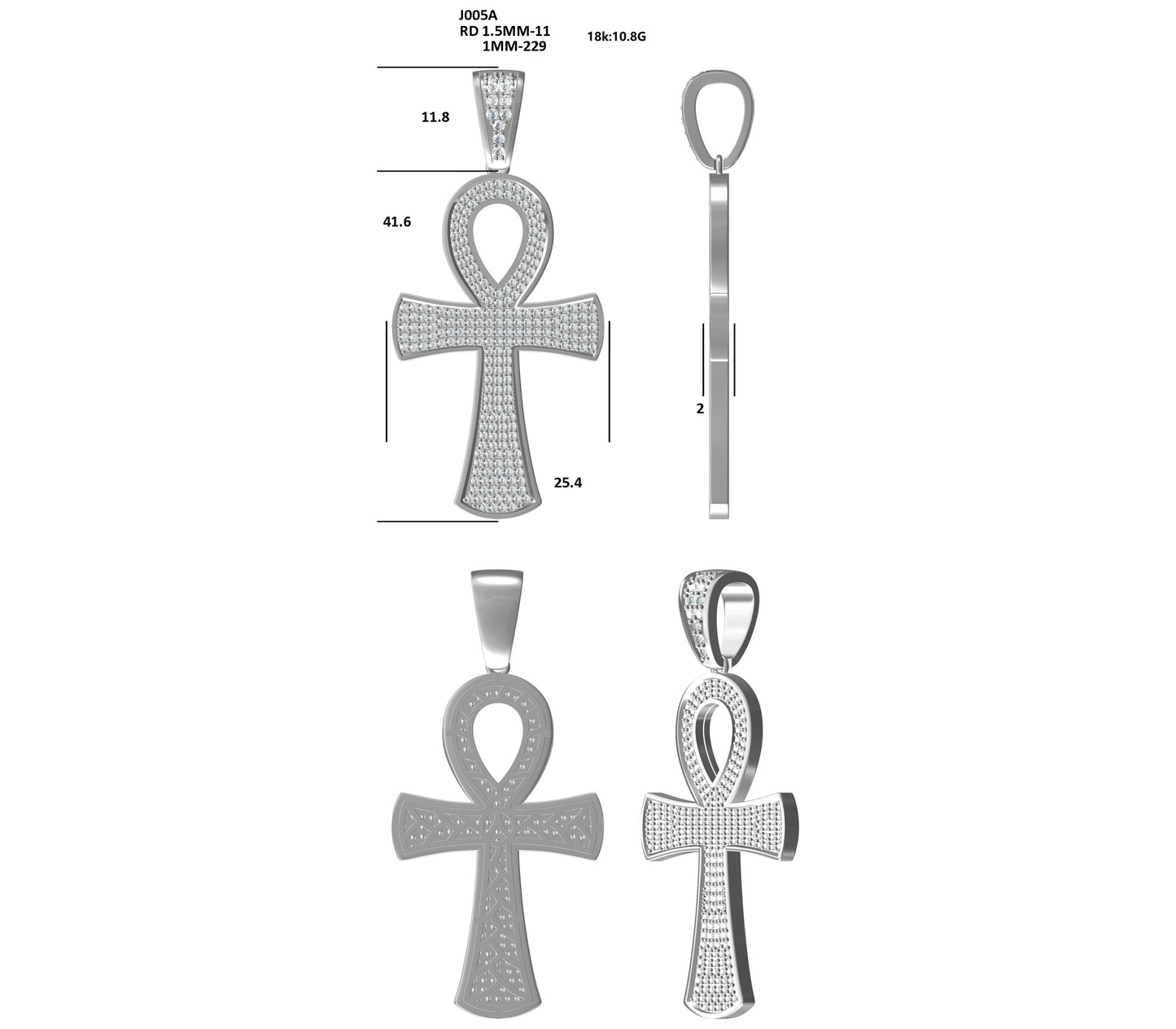 S925 Sterling Silver 240pcs D Color VVS1 Moissanite Iced Out Ankh Pendant 7.2g No Chain Platinum Plated GRA Certified Gift Box