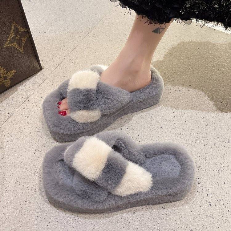 Women New Color Block Cross Fuzzy Slippers, Warm Thick Sole Fluffy Slide Shoes For Indoor & Outdoor