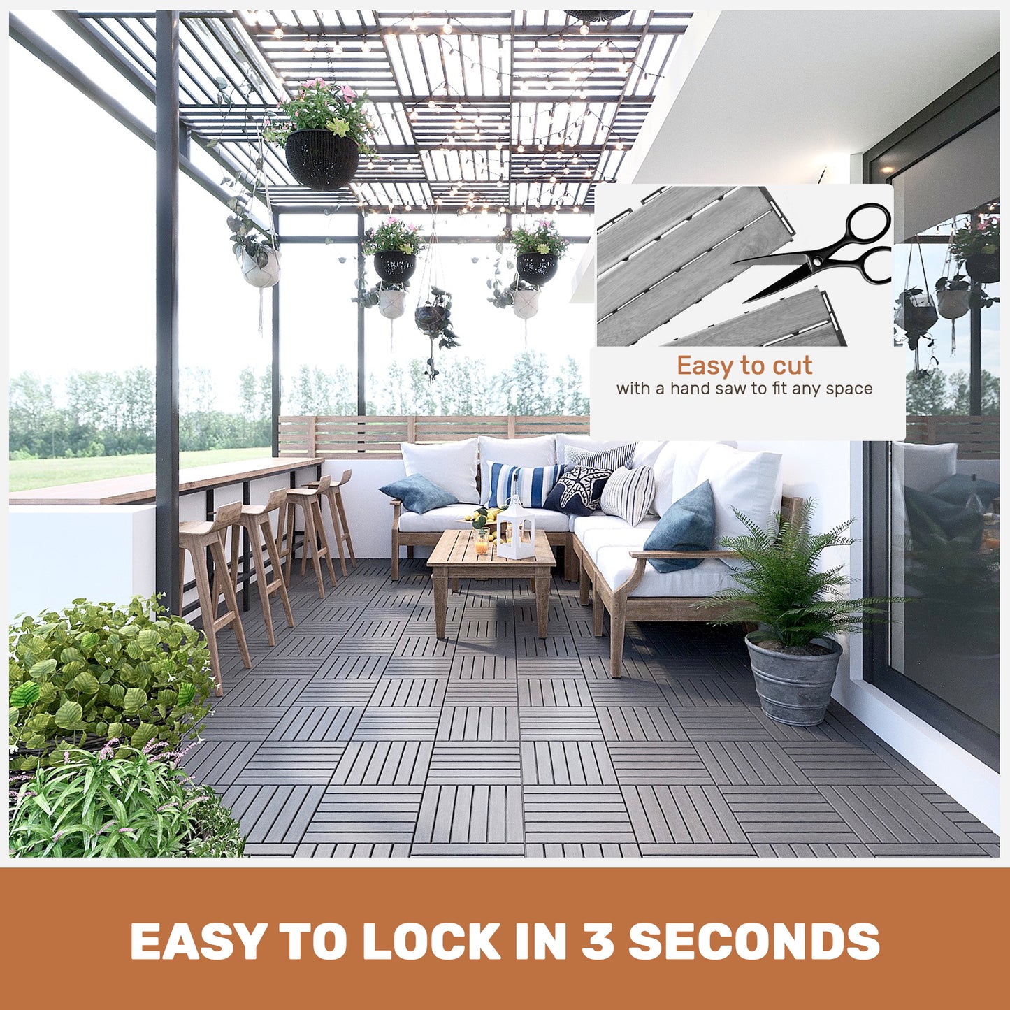 30 PCS Interlocking Deck Tiles Striped Pattern, 12  X 12  Square Light Gray Acacia Hardwood Outdoor Flooring For Patio, Bancony, Pool Side,...
