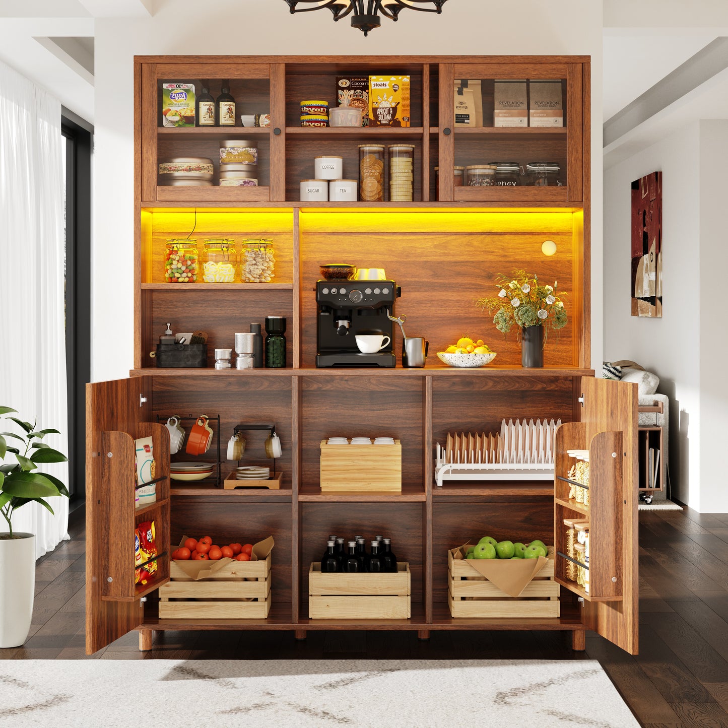 Tall Cabinets For The Living Room, Kitchen Cabinet, Dining Room Cabinet, Cabinets With LED Lighting, Cabinet Door With Snack Shelf, Retro Style, Walnut Color