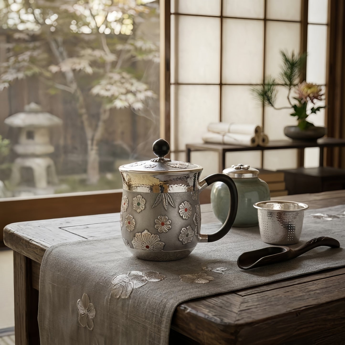 925 Sterling Silver Elegant  Teapot with Floral Gemstone Accents and Wooden Handle-Premium Tea Mug - Handicraft