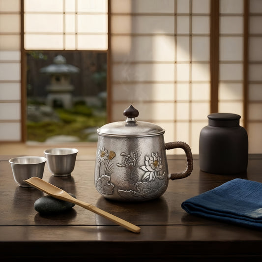 925 Sterling Silver Elegant  Teapot with Floral Embellishments and Wooden Accents-Premium Tea Mug - Handicraft