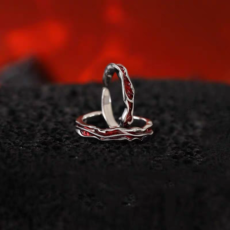 1 Pair 999 Sterling Silver Passionate Red Wave Couple Rings, Adjustable Open Promise Rings, Ideal Valentine's Day Gift For Lovers