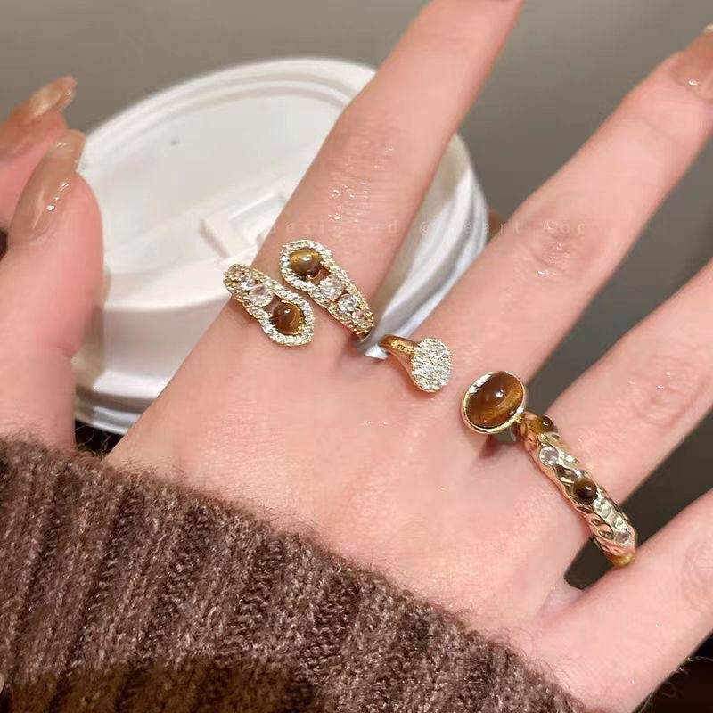 New Vintage Maillard Style Gold Tone Tiger's Eye Ring For Women, Light Luxury Premium Index Finger Band, Versatile Stackable Summer Finger Jewelry