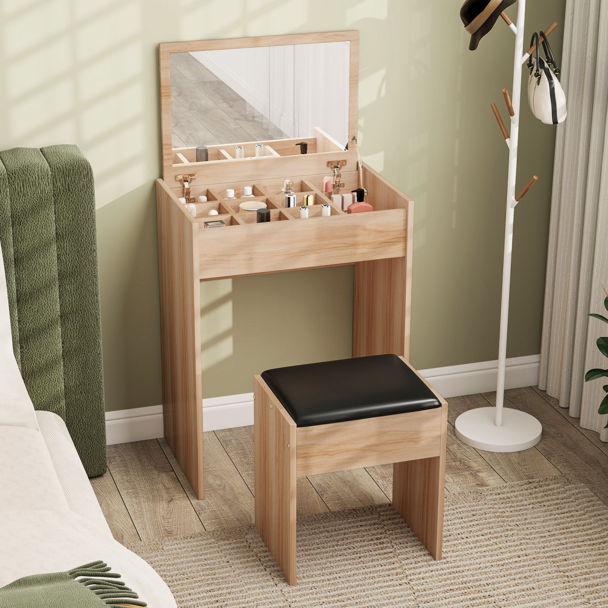 Dressing Table With Mirror And Stool, Vanity Makeup Table With Flip Up Mirror, Vanity Desk With Storage Unit And Padded Seat, Wood