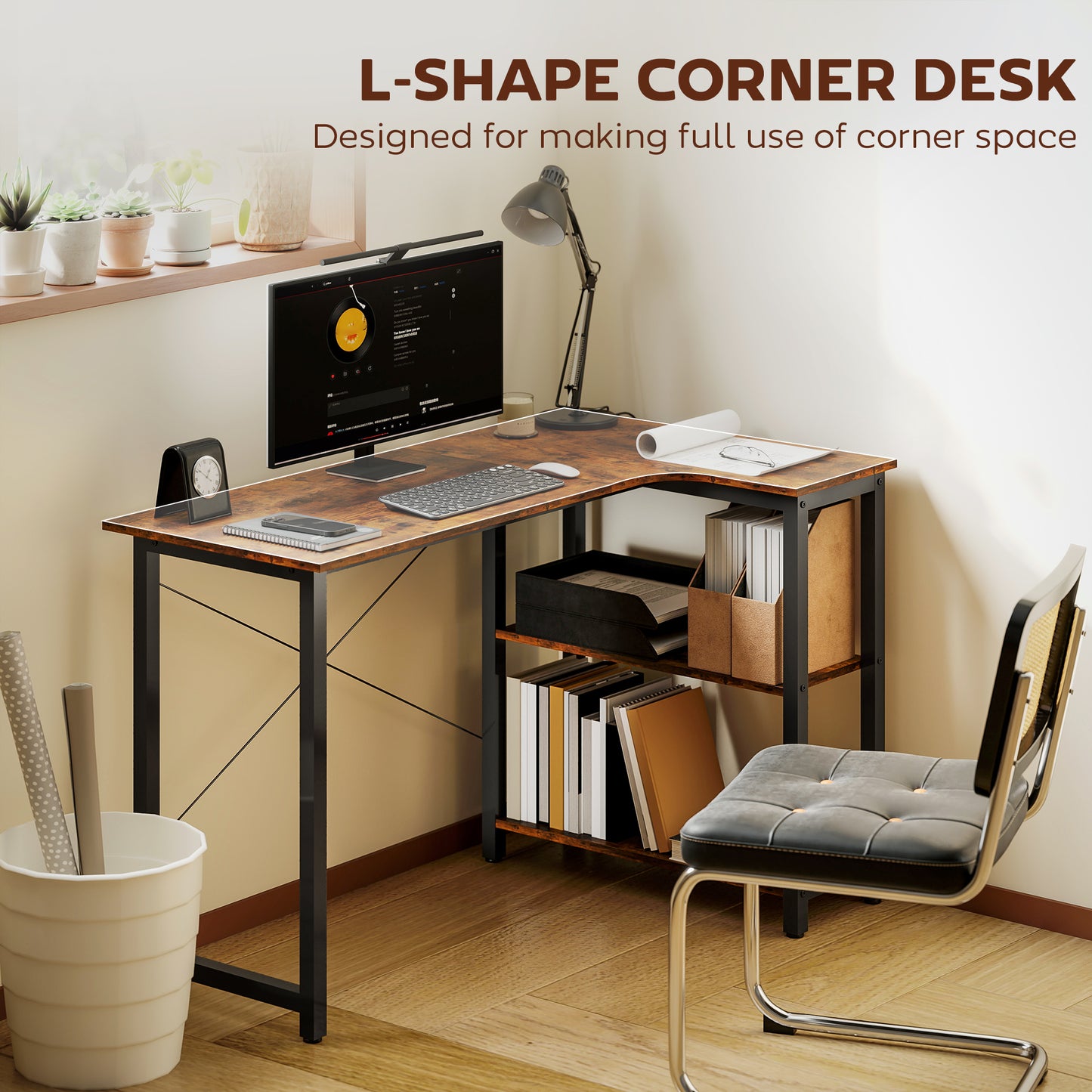 L Shaped Desk, Corner Computer Desk With Bookshelf For Home Office, Study Room, Workstation, 120 X 73.2 X 75cm, Rustic Brown