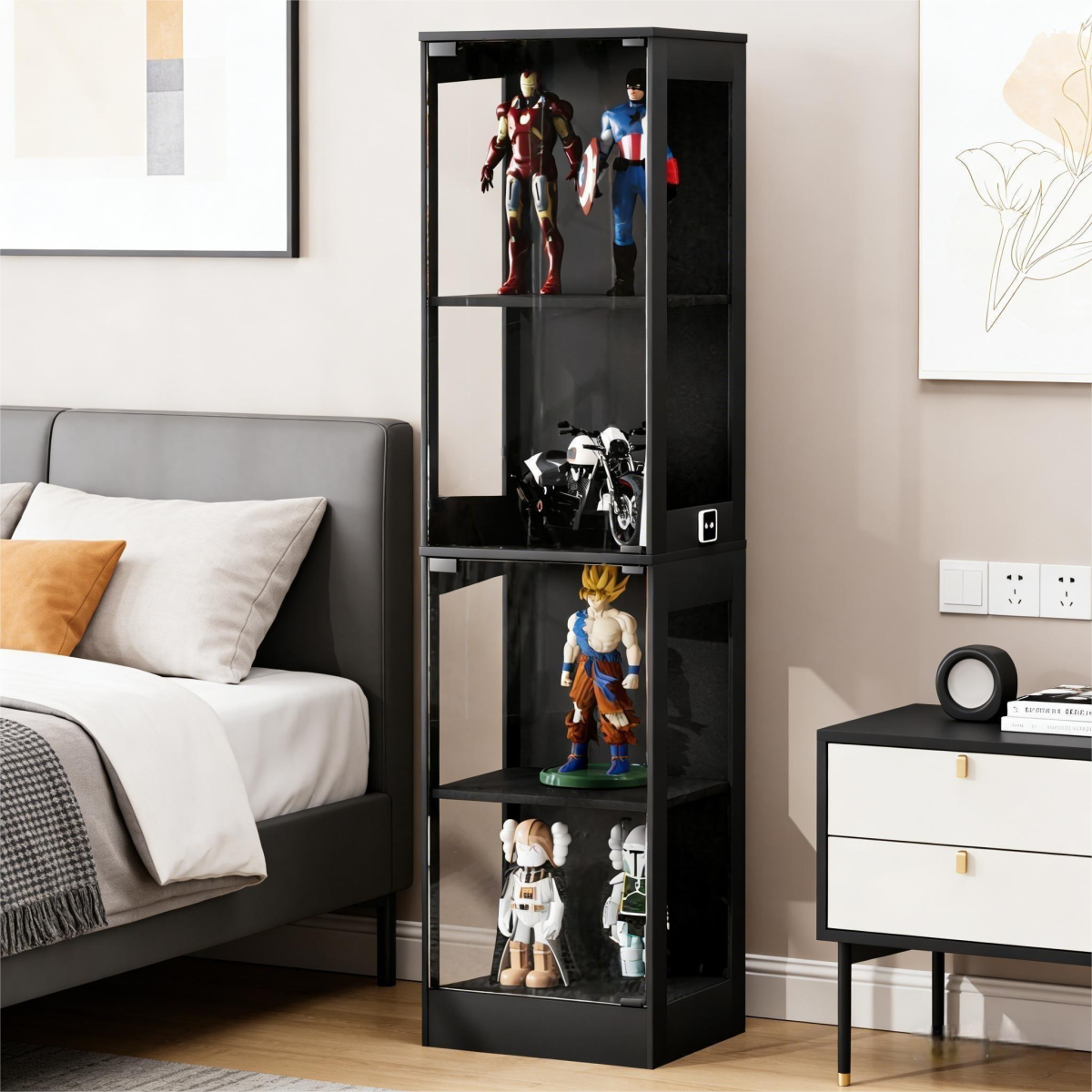 Four-storey Glass Display Case With Storage Space, LED Lighting, Glass Doors And Smart Sensors. Suitable As A Dustproof Glass Cabinet For Living Rooms, Bedrooms And Offices. Black.40x35x165cm