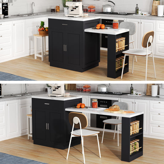 Kitchen Island With Extendable Dining Table For 4-6 People, Two-tone Kitchen Table, Socket, Storage Cupboard, 2 Drawers, 2 Shelves Open On The Sides