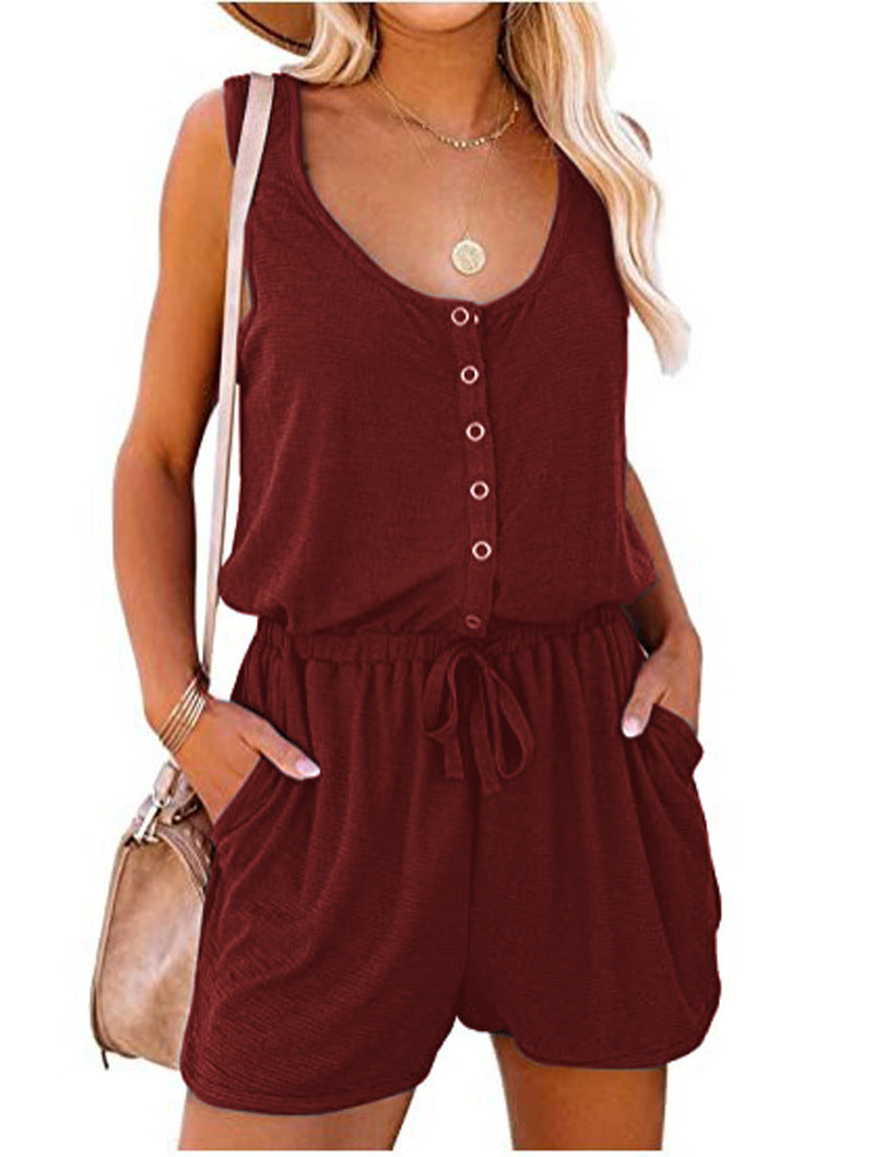 Women's Casual Sleeveless Button Down Romper With Drawstring Waist & Pockets, Loose Fit Jumpsuit Shorts For Loungewear & Outdoor