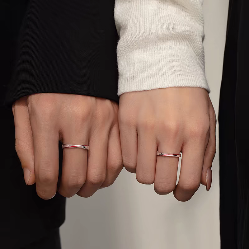 1 Pair 999 Sterling Silver Red Line Mobius Couple Rings, Adjustable Promise Rings, Ideal Valentine's Day Gift For Lovers