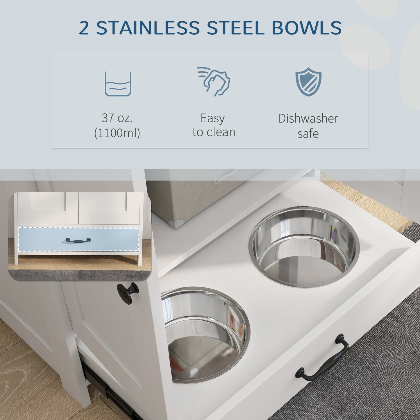 Pet Feeding Station, Dog Food Storage Cabinet w/ Raised Dog Bowls, Adjustable Panel, Hooks for Medium Dogs, White