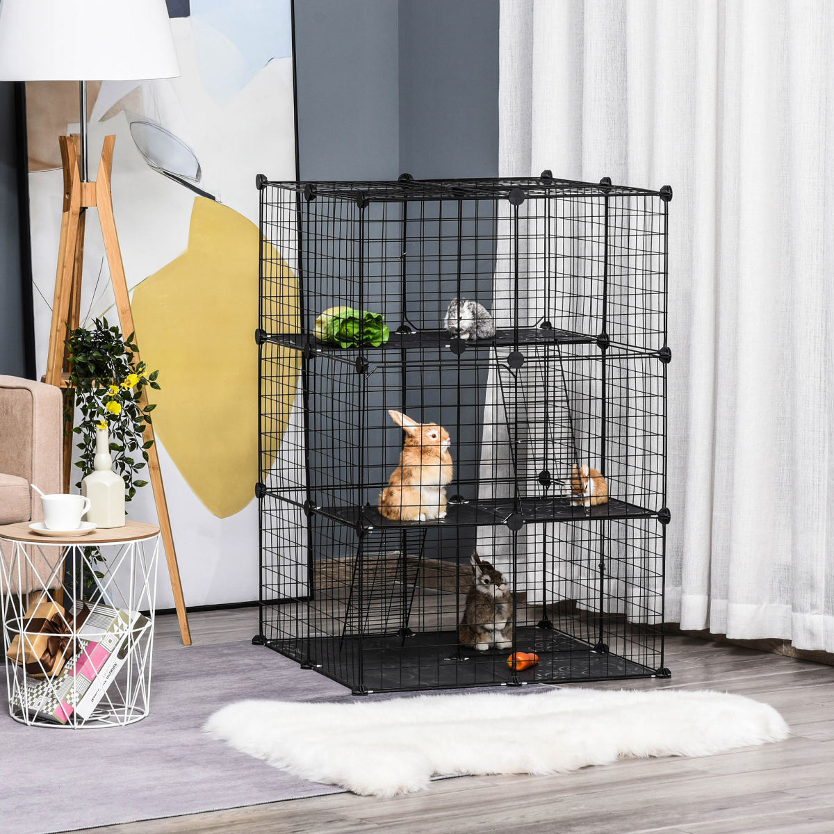 PawHut Pet Playpen DIY Small Animal Cage Enclosure Metal Wire Fence 39 Panels With 3 Doors 2 Ramps For Kitten Bunny Chinchilla Pet Mink Black