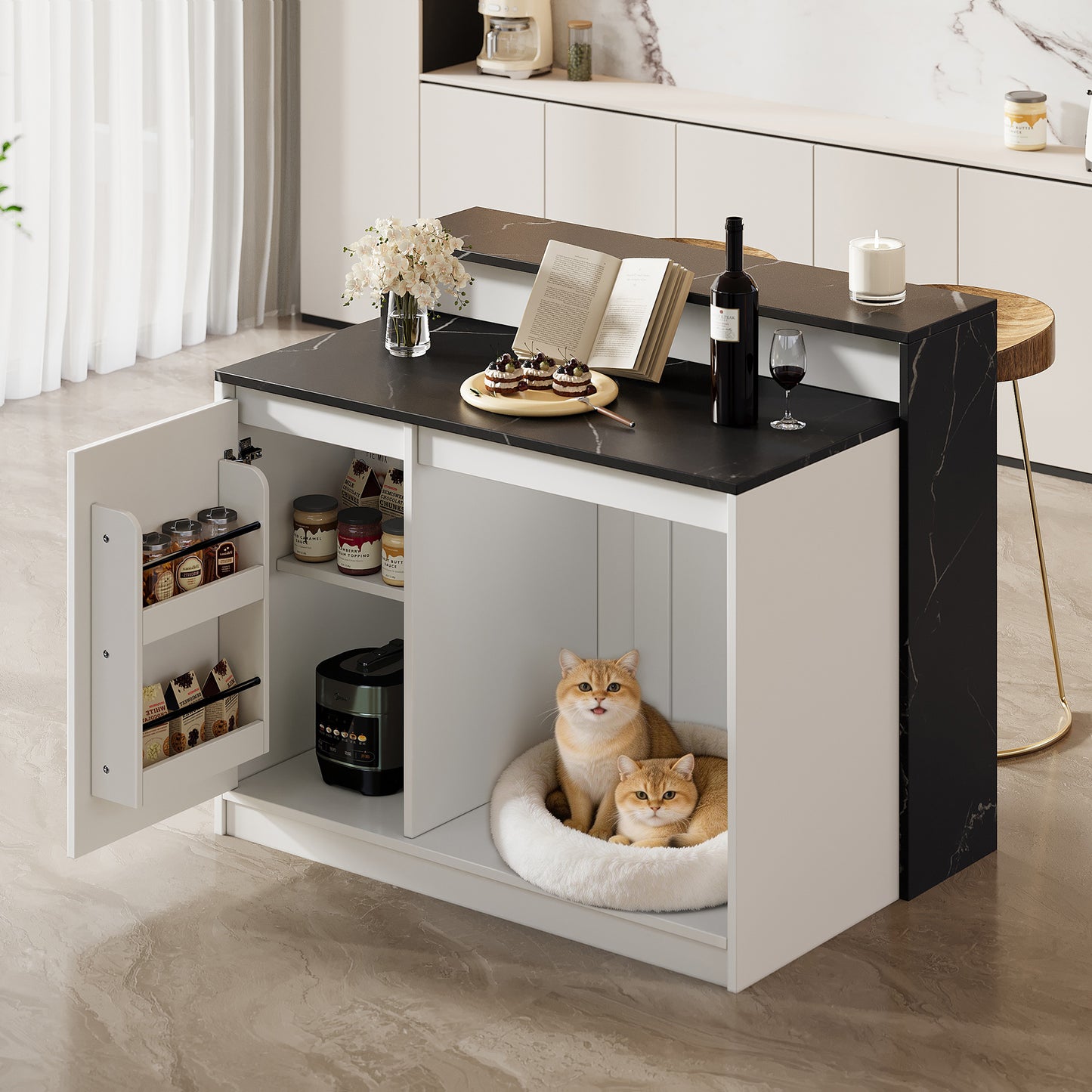 Kitchen Island, Kitchen Island With Bar Counter, Kitchen Table & Bar Counter, Multifunctional Kitchen Table, With Pet Rest Area, For Kitchen & Dining Room, White  Black Marble Look, 120x80x100cm