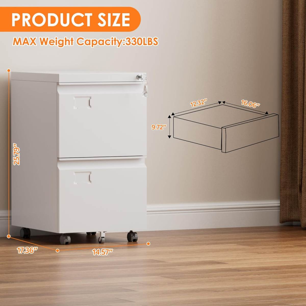 2 Drawers Mobile File Cabinet, Metal Under Desk Cabinet With Lock, For Office & Home, Legal Letter Size, Assembly Required White
