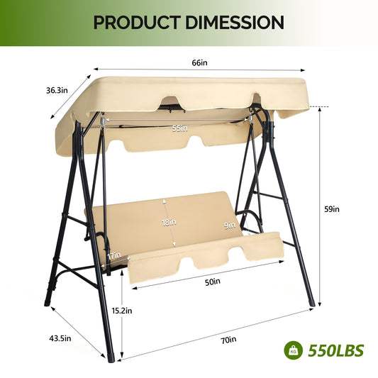 Outdoor Patio Swing Chair Set With Canopy, 3-Person Iron Frame Swing With Soft Cushions, 550lbs Capacity, Oxford Fabric, Khaki, Easy Assembly