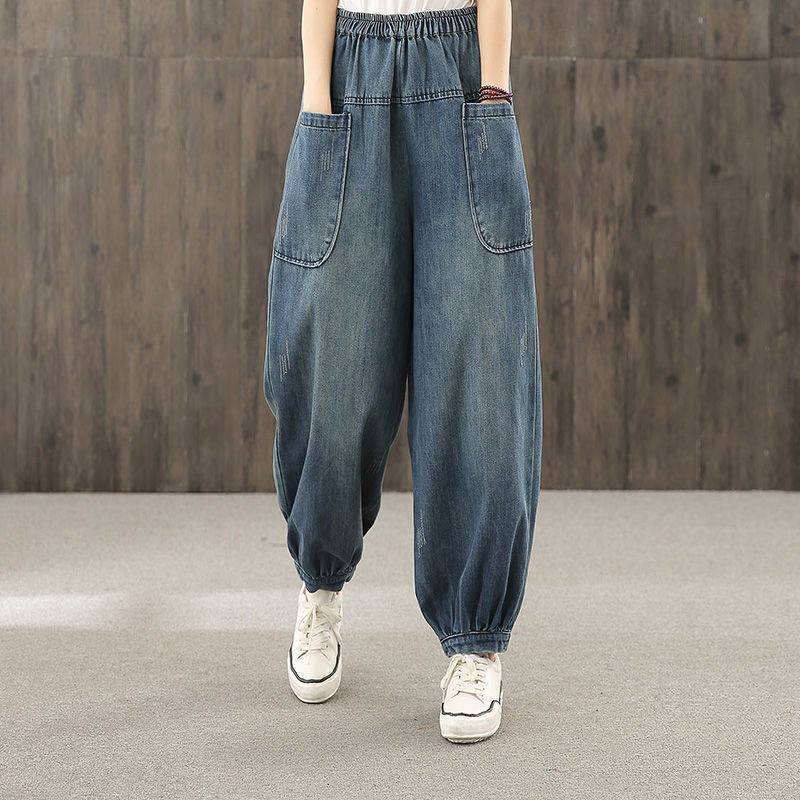 Plus-size Straight-leg Denim Cropped Pants Womens Korean-style Loose Fit