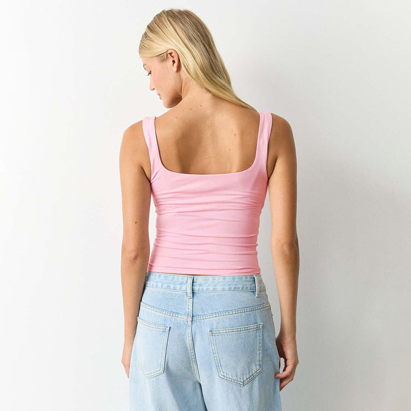 New U-neck Pleated Beaded Slim-fit Vest Top