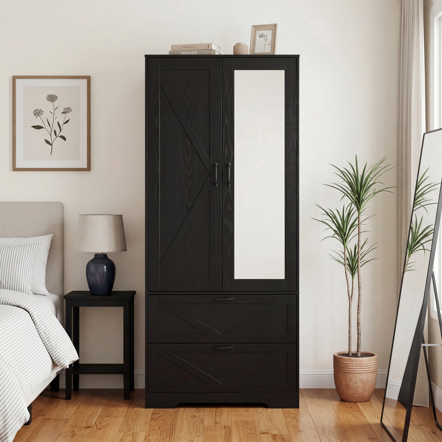 2 Door Wood Wardrobe For Bedroom With Hanging Clothing Rod Inside The Cabinet And 2 Drawers For Storage Organization, Built-in Induction Light Multifunctional Closet With Mirror, Black