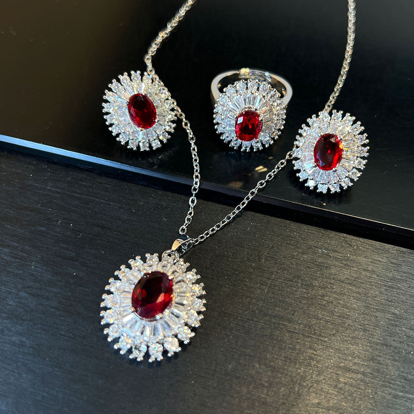 Three-Piece Sapphire Fashion Exquisite Sweet Versatile Jewelry Set Cross-Border Copper Inlaid Zirconium Red Necklace