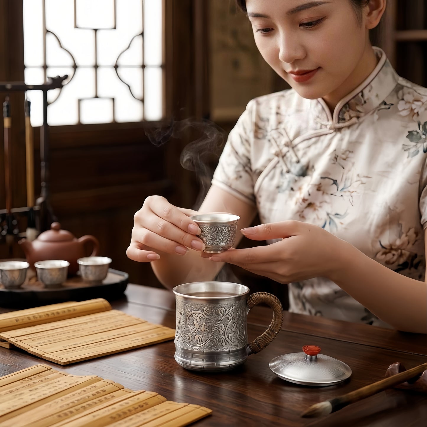 Pure 999 Fine Silver Elegant  Mug with Intricate Floral Engraving and Woven Bamboo Handle-Premium Tea Mug - Handicraft