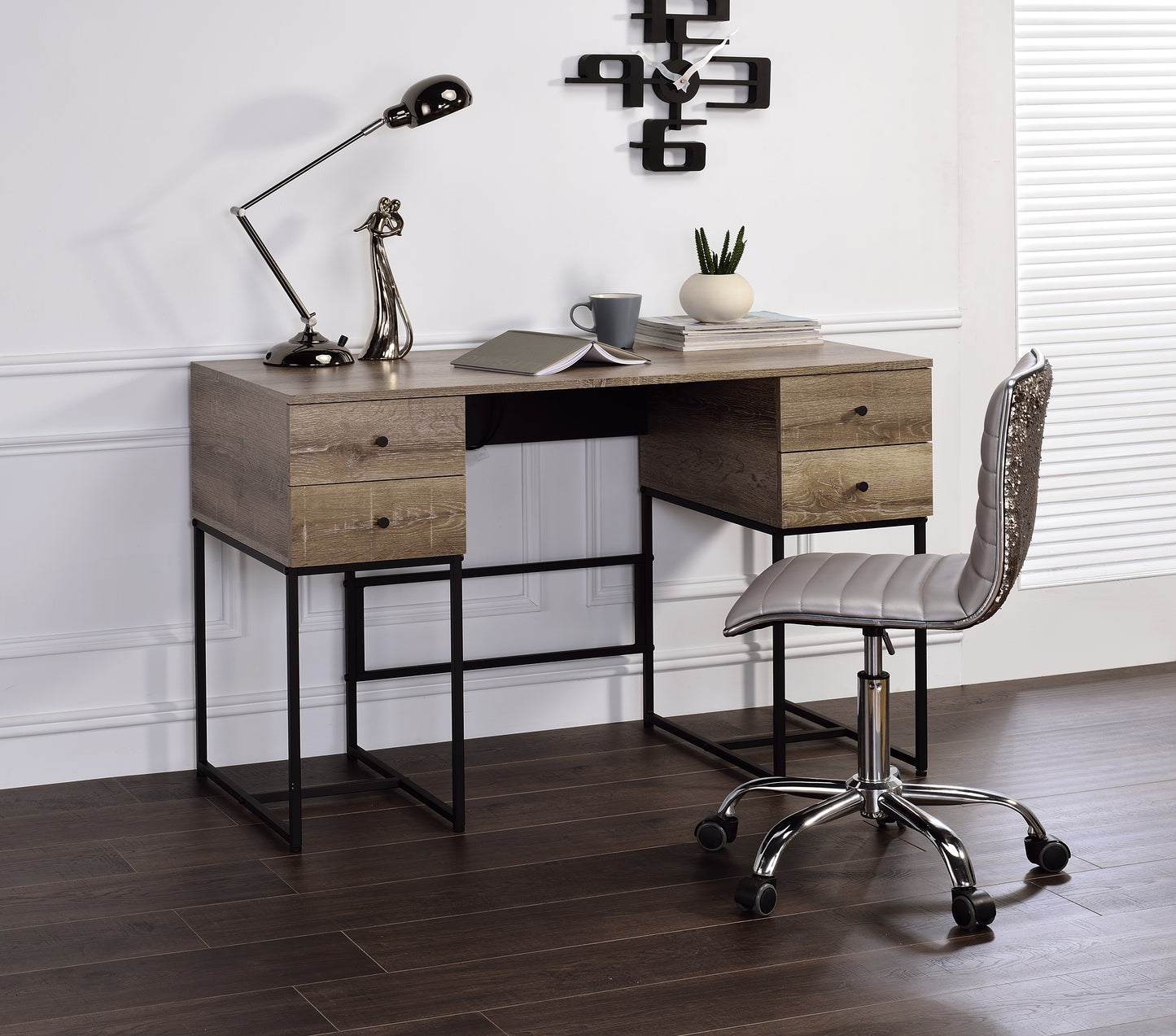 Desirre Rustic Oak & Black Finish Wirting Desk W  USB Port