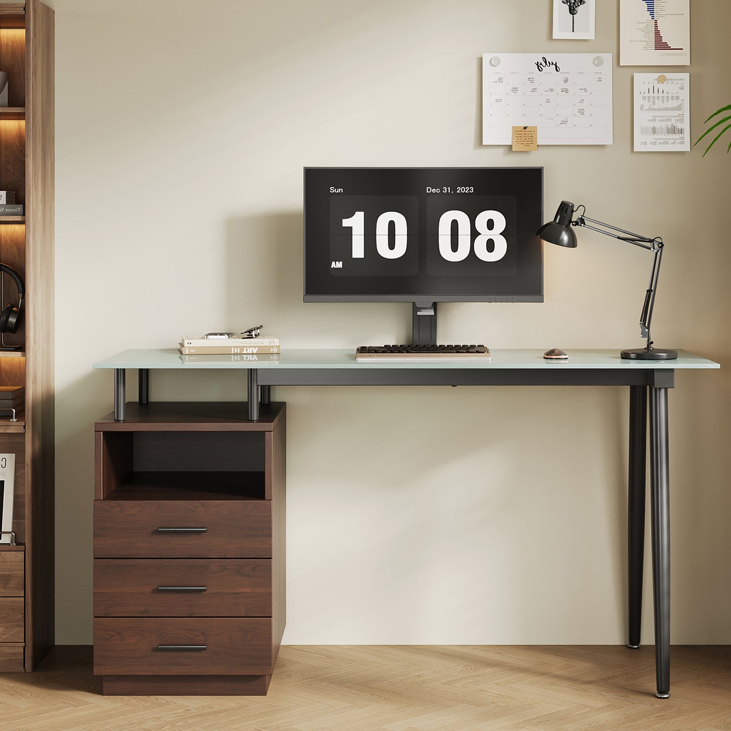 130x50x75cm Modern Desk With Glass Top, Tubular Steel Frame, Three Drawers And Open Storage Compartment, Tempered Frosted Glass, Black Handles, Brown