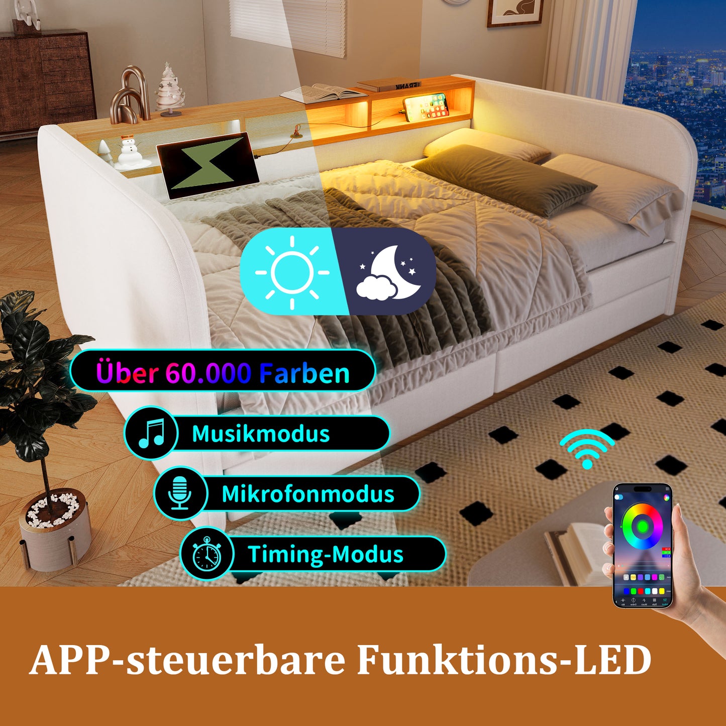 AB20754142B Upholstered Bed Daybed 140x190 Cm, Sofa Bed With LED And USB-C Charging Function, Daybed With 2 Drawers And Storage Headboard, Linen, Light Beige  Without Mattress