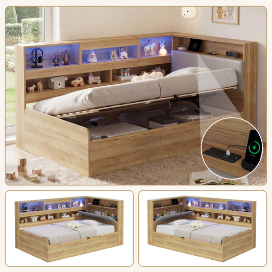 Daybed, Hydraulic Storage Bed, Children's Bed   90x190 Cm  , Wooden Bed, Youth Bed, With USB Charging Station And LED Lighting, Natural Color