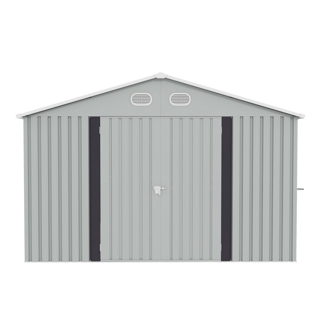 10x12 FT Outdoor Metal Storage Shed, Large Storage Sheds With Sturdy Frame Structure, Metal Garden Tool Shed With Lockable Door For Garden,Gift A Foldable Flower Pot Stand, Backyard, WHIT