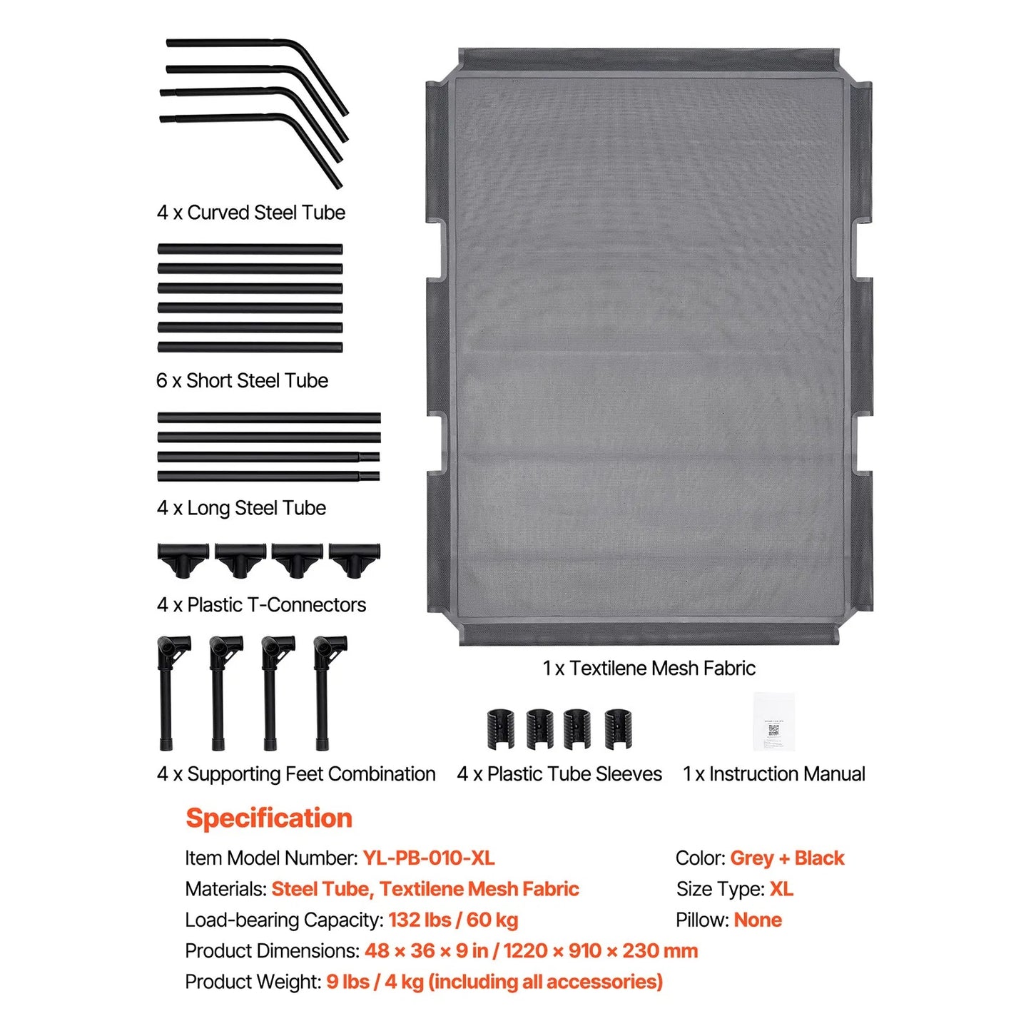 Elevated Dog Bed For Large Dogs XL, Raised Dog Cot With Heavy Duty Steel Frame, Breathable Teslin Mesh Cooling Dog Bed, Indoor & Outdoor Portable Hammock Pet Bed, Grey