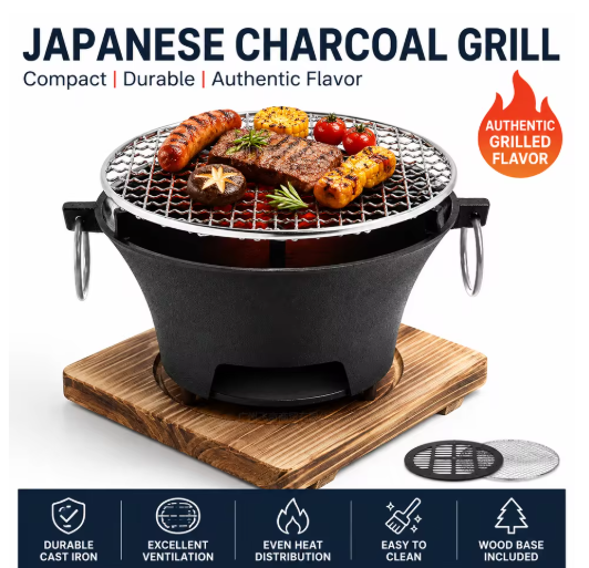 KL1 Portable Charcoal Grill Mini Tabletop BBQ Cast Iron Body Stainless Steel Removable Grill Net Heat Resistant Wooden Base Silver Carry Rings
