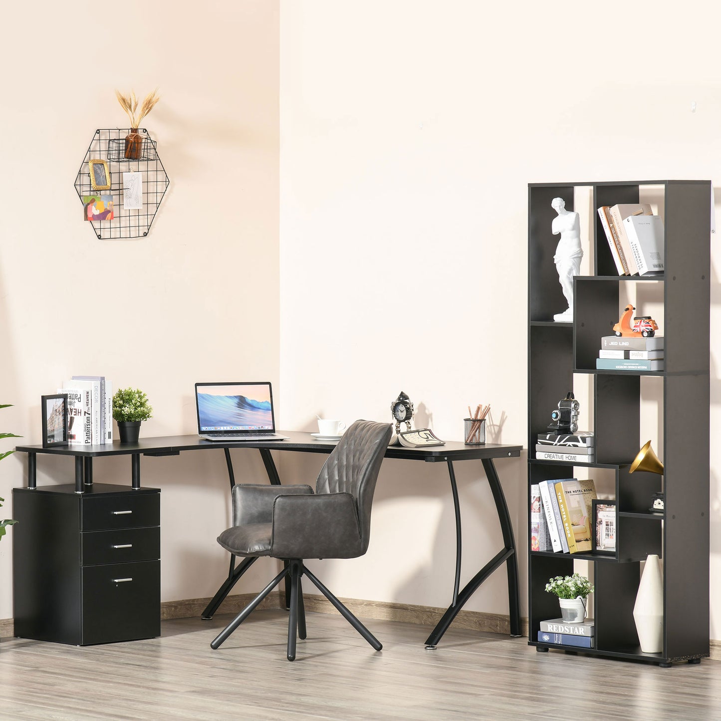 L-Shaped Computer Desk Table With Storage Drawer, Home Office Desk Corner Industrial Style Workstation For A4 Files 143.5 X 143.5 X 76cm, Black